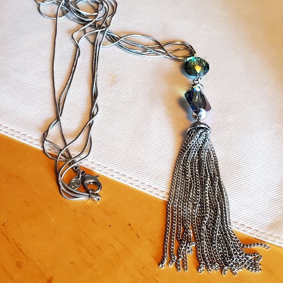 34" Silver Snake Chain 7" Tassel Pendant Necklace - Picture 4 of 7
